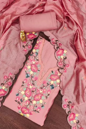 Peach thread embroidery silk blend semi stitched churidar dress-materials