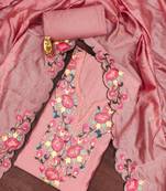 Peach thread embroidery silk blend semi stitched churidar dress-materials