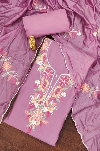 Pink thread embroidery silk blend semi stitched churidar dress-materials