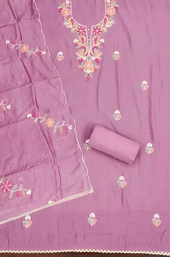 Pink thread embroidery silk blend churidar dress-materials