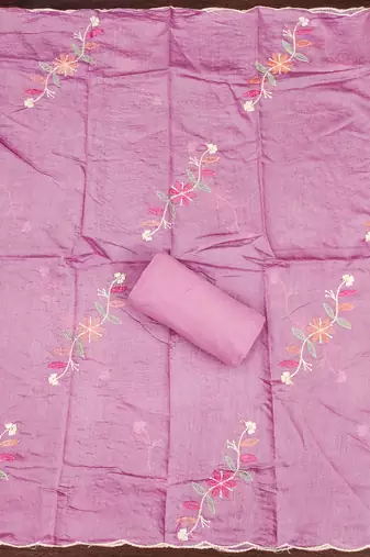 Pink thread embroidery silk blend churidar dress-materials