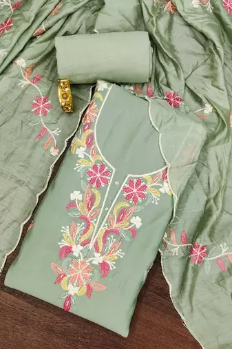 Green thread embroidery silk blend semi stitched churidar dress-materials