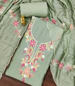 Green thread embroidery silk blend semi stitched churidar dress-materials