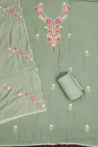Green thread embroidery silk blend churidar dress-materials