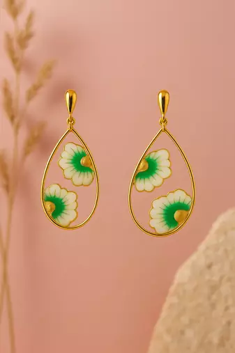 Jewelz gold-plated green & white floral earrings