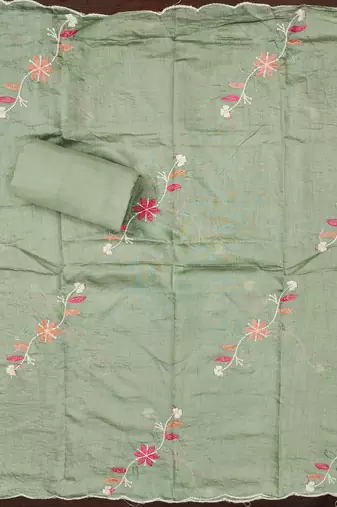 Green thread embroidery silk blend churidar dress-materials