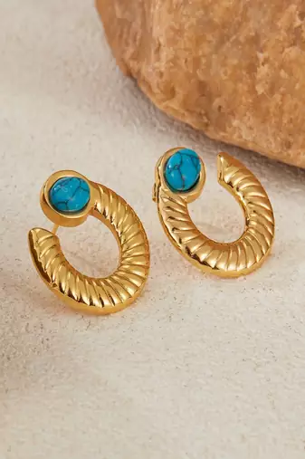 Jewelz gold-tone textured hoop earrings with turquoise stone accent