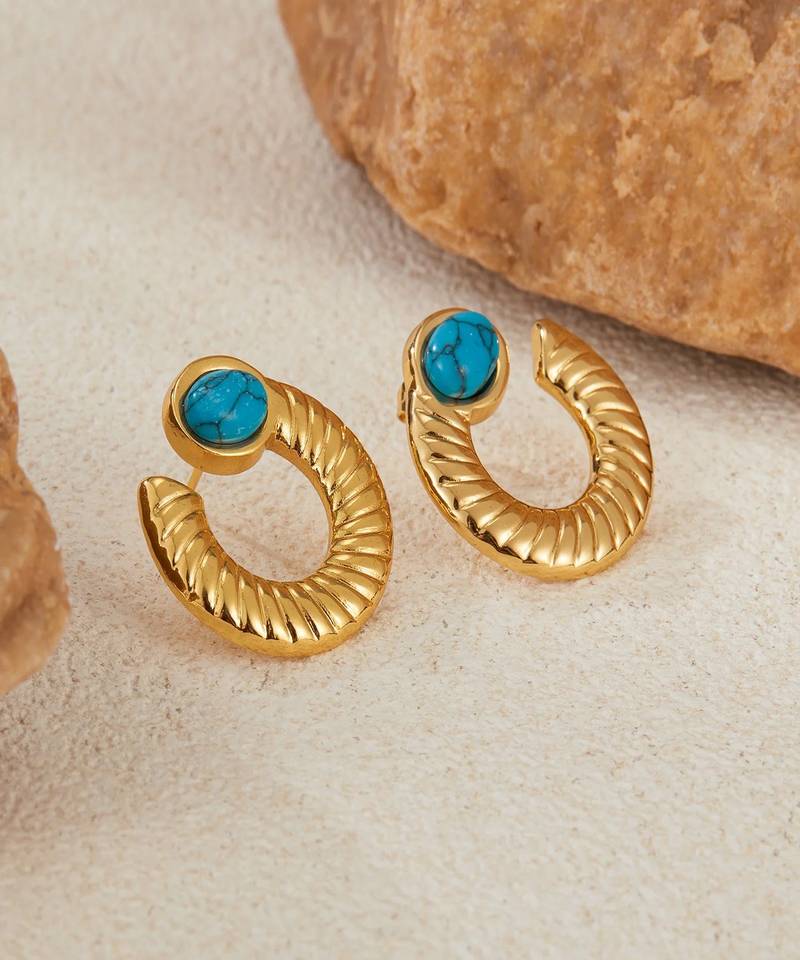 Jewelz gold-tone textured hoop earrings with turquoise stone accent