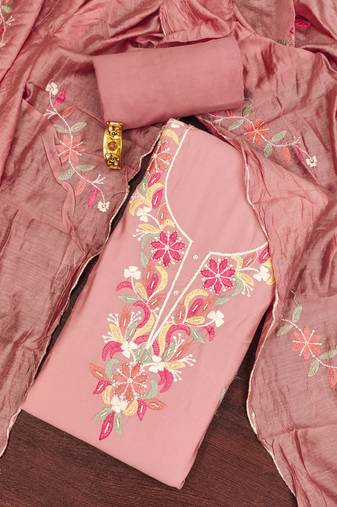 Peach thread embroidery silk blend semi stitched churidar dress-materials
