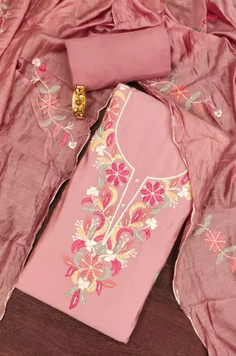 Peach thread embroidery silk blend semi stitched churidar dress-materials