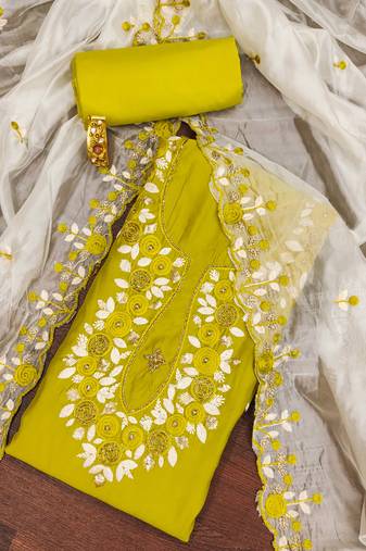 Lime sequins silk blend semi stitched churidar dress-materials