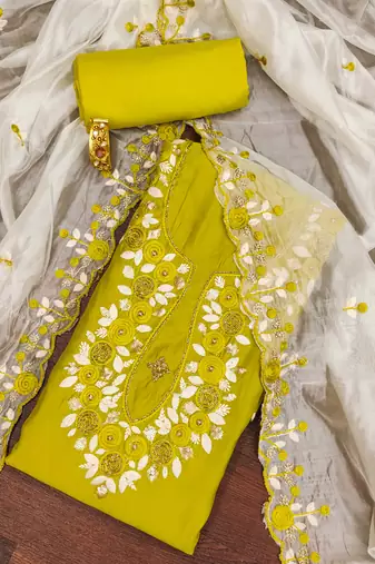 Lime sequins silk blend semi stitched churidar dress-materials