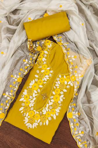 Mustard sequins silk blend semi stitched churidar dress-materials