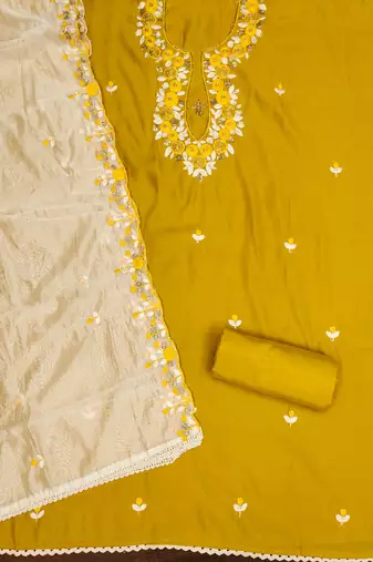 Mustard sequins silk blend churidar dress-materials