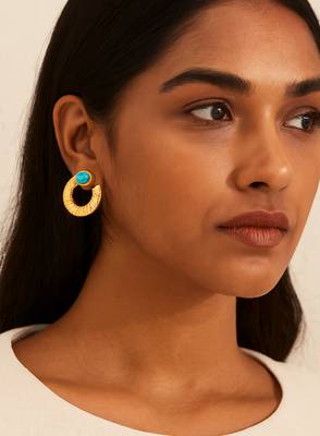 Jewelz gold-tone textured hoop earrings with turquoise stone accent 2