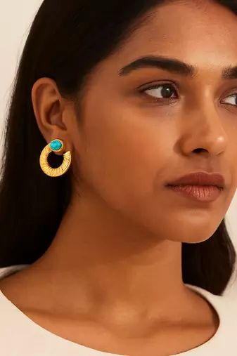 Jewelz gold-tone textured hoop earrings with turquoise stone accent