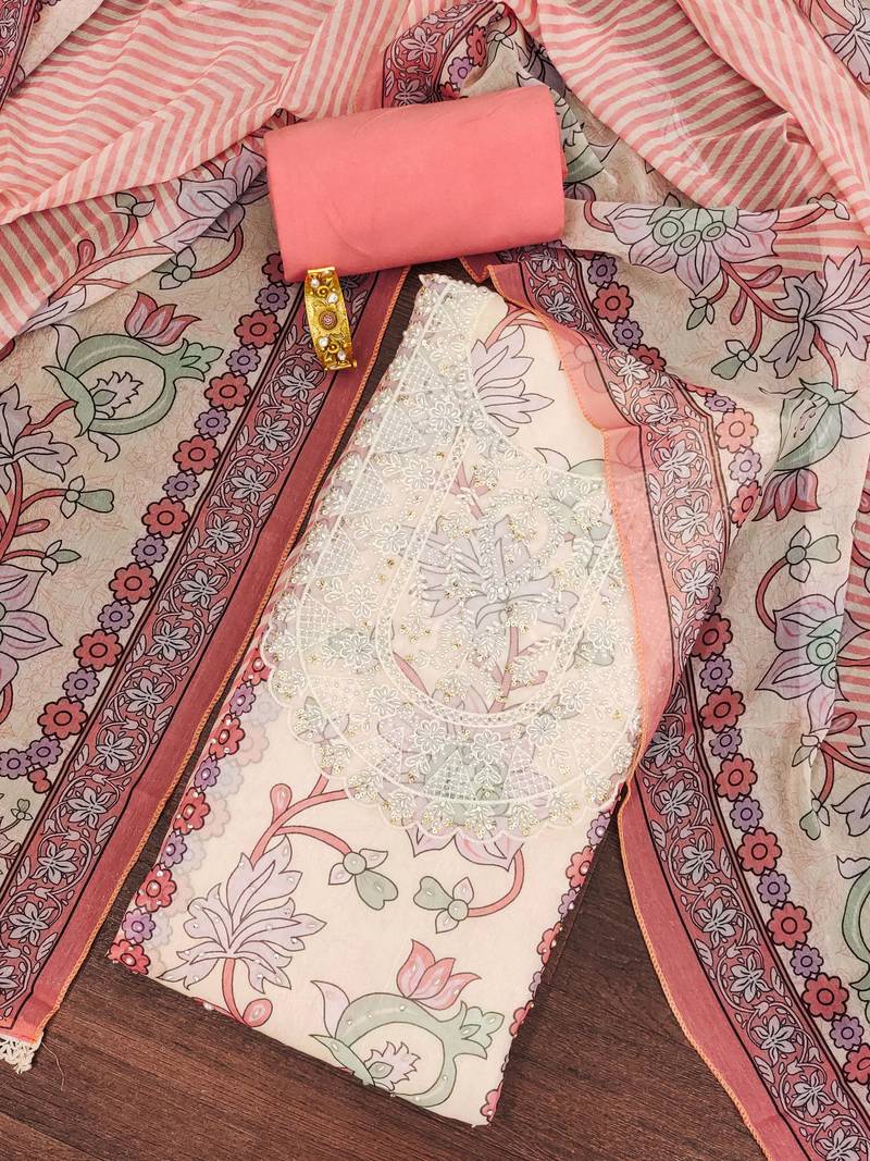 Peach self design organza semi stitched churidar dress-materials