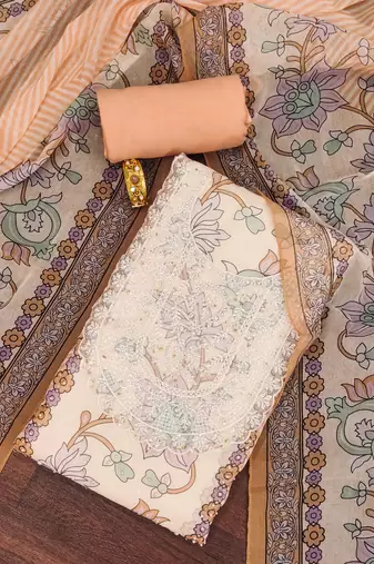 Orange self design organza semi stitched churidar dress-materials