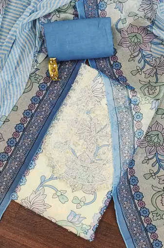 Teal self design organza semi stitched churidar dress-materials