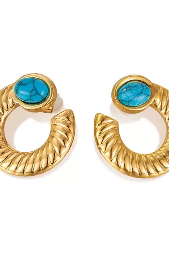 Jewelz gold-tone textured hoop earrings with turquoise stone accent