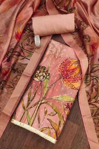 Peach hand embroidery cotton semi stitched churidar dress-materials