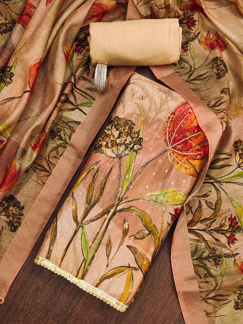 Beige hand embroidery cotton semi stitched churidar dress-materials