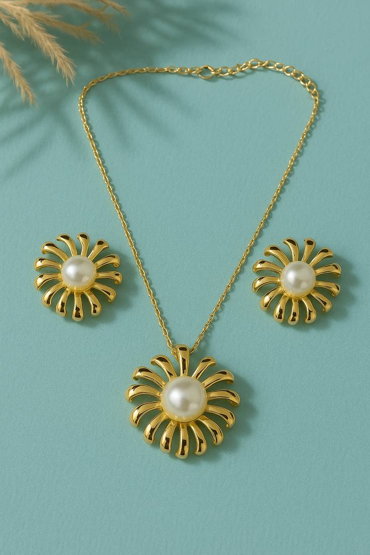 Jewelz gold-toned flower pendant necklace & earrings set with pearl center