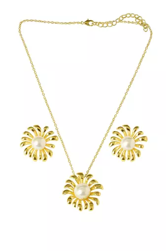 Jewelz gold-toned flower pendant necklace & earrings set with pearl center