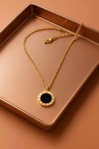 Jewelz black enamel round pendant necklace