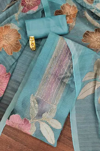 Teal printed organza semi stitched churidar dress-materials