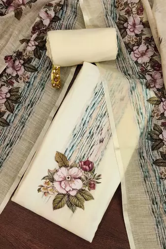 Off-white printed cotton semi stitched churidar dress-materials