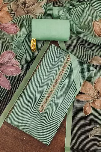 Green printed organza semi stitched churidar dress-materials