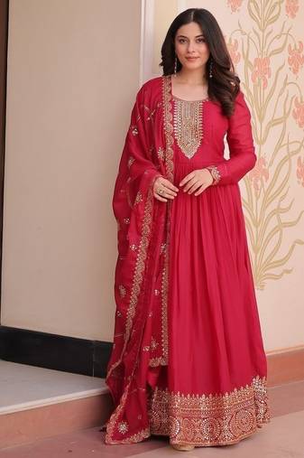 Pink zari & sequins embroidered work georgette stitched kurta & dupatta set