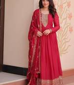 Pink zari & sequins embroidered work georgette stitched kurta & dupatta set