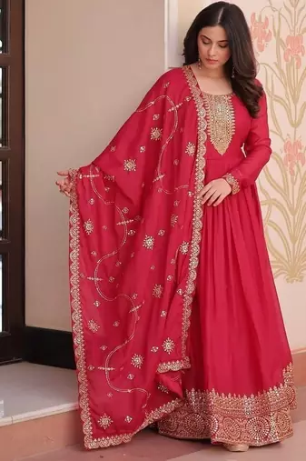 Pink zari & sequins embroidered georgette kurta & dupatta set