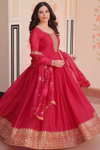 Pink zari & sequins embroidered georgette kurta & dupatta set