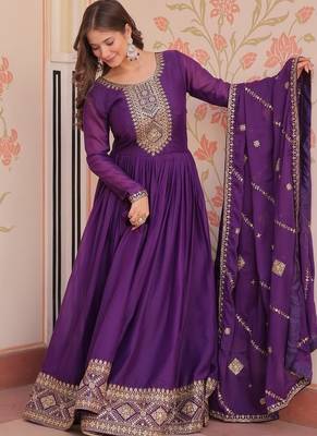 Purple zari & sequins embroidered georgette kurta & dupatta set 1