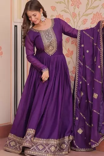 Purple zari & sequins embroidered work georgette stitched kurta & dupatta set