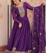 Purple zari & sequins embroidered work georgette stitched kurta & dupatta set