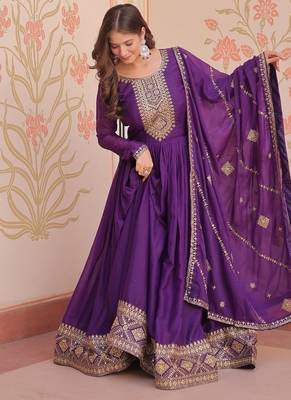 Purple zari & sequins embroidered georgette kurta & dupatta set 2