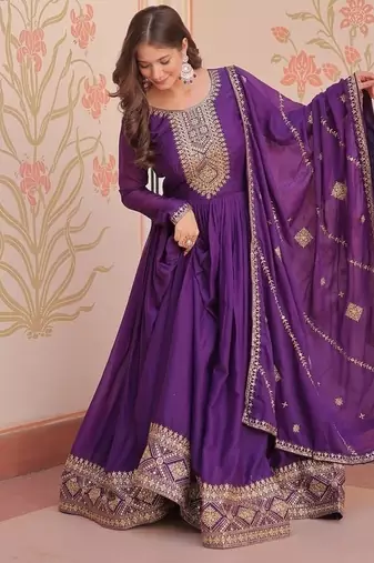 Purple zari & sequins embroidered georgette kurta & dupatta set