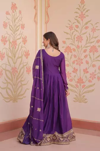 Purple zari & sequins embroidered georgette kurta & dupatta set