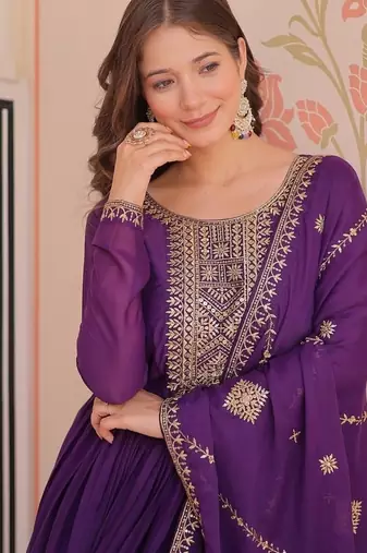 Purple zari & sequins embroidered georgette kurta & dupatta set