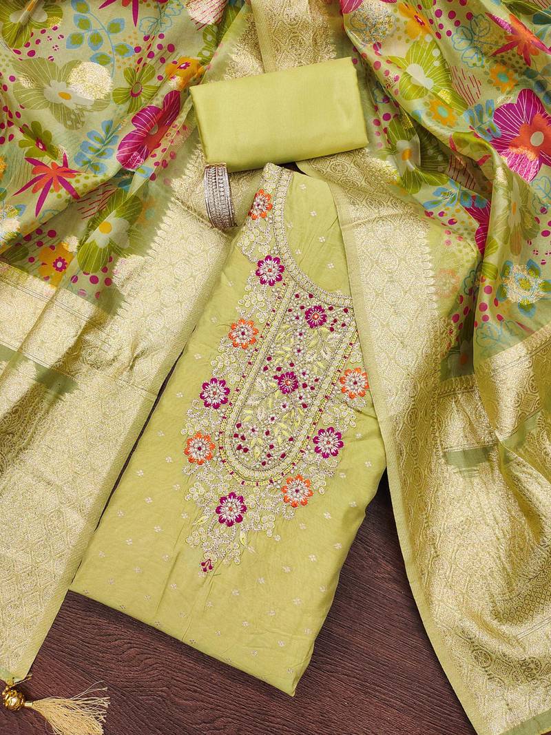 Lime woven cotton semi stitched churidar dress-materials