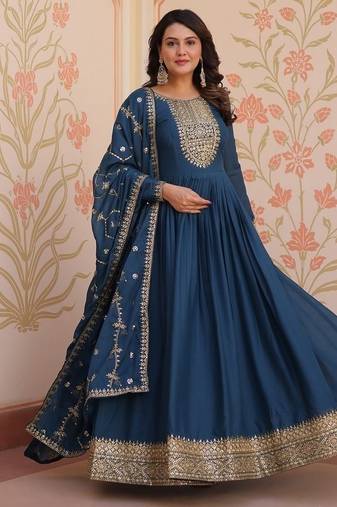 Teal zari & sequins embroidered work georgette stitched kurta & dupatta set