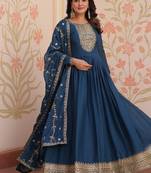 Teal zari & sequins embroidered work georgette stitched kurta & dupatta set