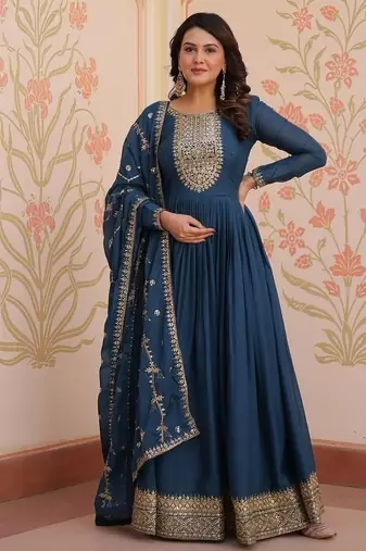 Teal zari & sequins embroidered georgette kurta & dupatta set