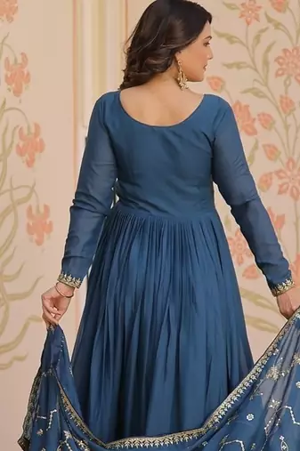 Teal zari & sequins embroidered georgette kurta & dupatta set