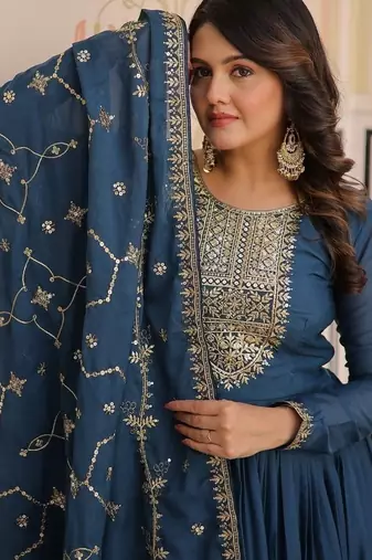 Teal zari & sequins embroidered georgette kurta & dupatta set