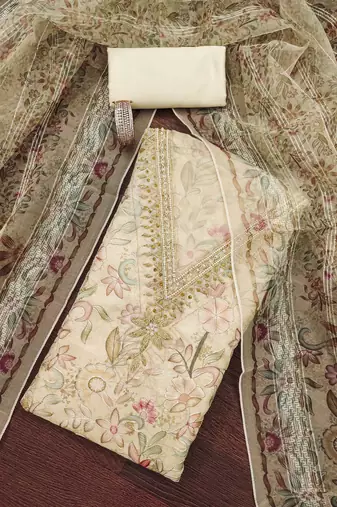 Off-white sequins organza semi stitched churidar dress-materials